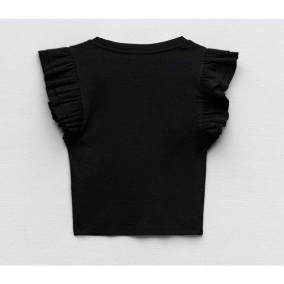 ZARA Black‎ Ribbed Ruffled Sleeve Crop Sz Small - Picture 3 of 6
